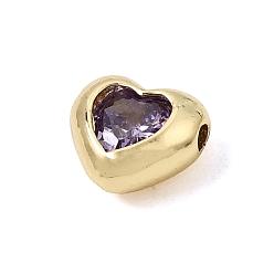 Medium lila Messing pflastern Zirkonia Perlen, Herz, Gestell, langlebig überzogen, Bleifrei und cadmium frei, echt 18 k vergoldet, Medium lila, 8.5x9.5x5 mm, Bohrung: 1.6 mm