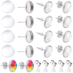 Stainless Steel Color 50Pcs 304 Stainless Steel Flat Round Stud Earring Settings, 50Pcs Glass Cabochons, 50Pcs Plastic Ear Nuts, 50Pcs 201 Stainless Steel Ear Nuts, Stainless Steel Color, Tray: 10mm, 12mm, Pin: 1mm