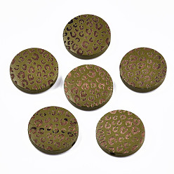 Dark Olive Green Painted Natural Wood Beads, Laser Engraved Pattern, Flat Round with Leopard Print, Dark Olive Green, 20x5mm, Hole: 1.5mm