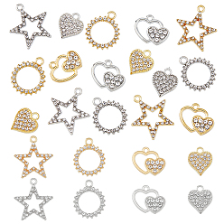 Платиновый & Золотой 40шт 8 подвески со стразами в стиле сплава, с кристально горный хрусталь, звезда и сердце и сердечные прелести, платиной и золотом, 13.5~23x15~21x1.5~2 мм, отверстие : 1.5~2 мм, 2 шт / стиль