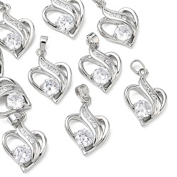 Platinum SHEGRACE Valentine's Day Brass Clear Cubic Zirconia Pendants, Heart Charms, Cadmium Free & Lead Free & Nickel Free, Platinum, 17.5x12.5x3.5mm, Hole: 3.5x2.5mm