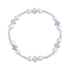 Серебро Религиозные браслеты из латуни, железа и бусин из искусственного жемчуга для женщин., крест и круглый, серебряные, 6.89 дюйм (17.5 см)