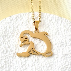 Настоящее золото 18K 304 ожерелья из нержавеющей стали с подвеской в виде пингвина и рыбы, вырезанные лазером, для женщин и мужчин, реальный 18 k позолоченный, 17.72 дюйм (45 см), Кулон : 19x23 мм