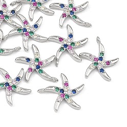 Real Platinum Plated SHEGRACE Brass Colorful Cubic Zirconia Charms, Starfish Charms, Cadmium Free & Lead Free & Nickel Free, Real Platinum Plated, 13x11.5x2mm, Hole: 1mm