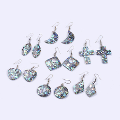 Platinum Abalone Shell/Paua Shell Dangle Earrings, with Brass Findings, Mixed Shapes, Platinum, 42~60mm, Pin: 0.7mm