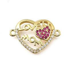 Настоящее золото 18K Подвески-коннекторы из латуни с микропаве, прозрачные и ярко-розовые кубические цирконии на день матери, люблю маму сердечные ссылки, стойки покрытие, долговечный, без свинца и без кадмия, реальный 18 k позолоченный, 16x23.5x4 мм, отверстие : 1.6 мм