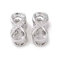 Платинированный Латунь микропаве прозрачный кубический цирконий европейский бисер, бусины с большим отверстием, бесконечность, Реальная платина, 15x8x9 мм, отверстие : 5 мм