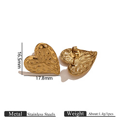 Сердце 304 Выводы серьги из нержавеющей стали шпилька, золотые, с петлей, сердце, 17.8x16.5 мм
