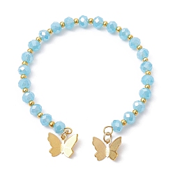 Light Sky Blue Glass Round Beaded Cuff Bangles, with Golden Brass Butterfly Charms, Light Sky Blue, Inner Diameter: 2-1/8 inch(5.5cm)