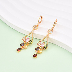 Разноцветный Серьги-капли из латуни с микропаве из кубических цирконий с подвеской-рычагом, долговечный, золотые, красочный, 59.5x15 мм