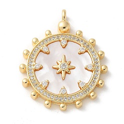 Настоящее золото 18K Природные подвески оболочки, плоские круглые со звездой, с латунными микро проложить кубических выводы циркония, без кадмия, без никеля и без свинца, реальный 18 k позолоченный, 30x25x4 мм, отверстие : 2 мм