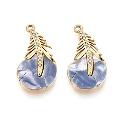 Светлый Стально-синий 304 Подвески из нержавеющей стали, эмали и стразов, прелести из перьев, золотые, светло-стальной синий, 24.5x13x2.5 мм, отверстие : 1.5 мм