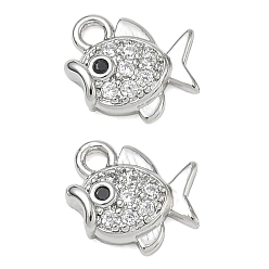 Platinum Brass Micro Pave Black Cubic Zirconia Charms, Fish Charms, Platinum, 9.5x9.5x3mm, Hole: 1.4mm