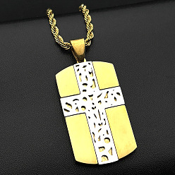 Golden & Silver Duo Tone 304 Stainless Steel Rectangle Dog Tag with Cross Pendant Necklaces for Men, Golden & Silver, 23.62 inch(60cm)