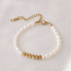 Золотой Модные браслеты из натурального пресноводного жемчуга и кубической нержавеющей стали для женщин, золотые, внутренний диаметр: 6-3/4 дюйм (17 см)