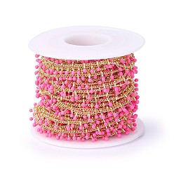 Темно-Розовый Ручной цепи эмаль бисера, с латунной обуздать цепей, пайки, с катушкой, долговечный, реальный 18 k позолоченный, темно-розовыми, 5.5x1.5~2 мм, около 32.8 футов (10 м) / рулон