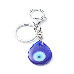 Platinum Alloy Keychain Clasp Findings, with Iron Key Rings, with Handmade Lampwork Evil Eye Pendants, Flat Teardrop, Platinum, 9.3cm