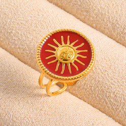 Золотой Регулируемые кольца-манжеты из нержавеющей стали с эмалью для женщин, плоские круглые с солнцем, золотые, 18 мм, внутренний диаметр: 19 мм