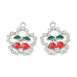 Платина Сплава кристалла горный хрусталь подвески, Подвески в виде цветка с красной вишней, украшенные эмалью., платина, 23.5x20x2.5 мм, отверстие : 2 мм
