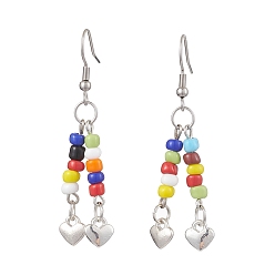 Платина Болтающие серьги из стекла, с 316 крючками для сережек из хирургической нержавеющей стали, подвески в форме сердца из сплава в тибетском стиле, красочный, платина, 53x8 мм