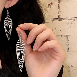 Platinum Alloy Dangle Earrings for Women, Leaf, Platinum, 45mm