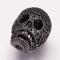 Черный Цвет Металла Латунные микро проложить кубического циркония бусы, череп, металлический черный , 17x12x12 мм, отверстие : 2 мм