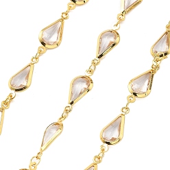 Гейнсборо Латунные стеклянные каплевидные звенья цепи, с катушкой, долговечный, пайки, без свинца и без кадмия, стойки покрытие, реальный 18 k позолоченный, светло-серые, 16.5x7x2.5 мм