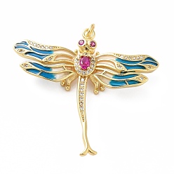 Стально-синий Стойка металлическая латунная микропрофилированная кубическая циркония подвески, с эмалью, реальный 18 k позолоченный, долговечный, без свинца и без кадмия, стрекоза, стальной синий, 37.5x40.5x8 мм, Перейти кольцо: 5x0.8 мм, 3.4 мм внутренним диаметром