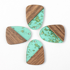 Aquamarine Transparent Resin & Walnut Wood Pendants, with Gold Foil, Teardrop, Aquamarine, 28x20x3mm, Hole: 2mm