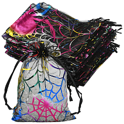 Фиолетовый Сумки из органзы с завязками и принтом пауков на тему Хэллоуина, прямоугольные, фиолетовые, 15.5x10x0.03 см