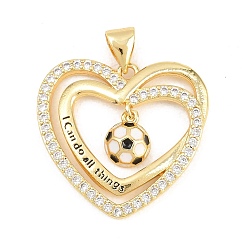 Сердце Футбольные латунные подвески с микропаве из кубического циркония, с эмалью, золотые, сердце, 22.5x24x4 мм, отверстие : 5x3 мм