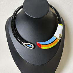 Black Alloy Enamel Bird Hinged Open Cuff Choker Necklaces, Golden, Black, 12.20~15.75 inch(31~40cm)