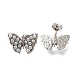 Платина Серьги-гвоздики с покрытием в виде бабочки из латуни и искусственного жемчуга ABS, без свинца и без кадмия, долговечный, платина, 12.5x16.5 мм