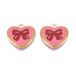 Crimson Valentine's Day Printed Alloy Pendants, Rack Plating, Heart & Bowknot Charms, Cadmium Free & Nickel Free & Lead Free, Golden, Crimson, 17x17.5x3mm, Hole: 1.6mm