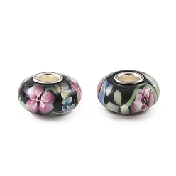 Black Lampwork & Brass Core European Beads, Large Hole Beads, Rondelle with Flower, Black, 15x7.5mm, Hole: 4mm