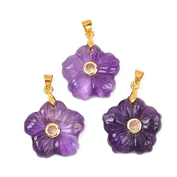 Аметист Резные подвески из натурального аметиста, подвески-цветы с латунной микропаве из кубических цирконий, золотые, стойки покрытие, долговечный, золотые, 20x20x5 мм, отверстие : 5x4 мм
