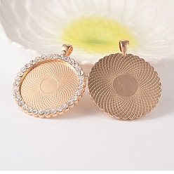 Crystal Flat Round Alloy Rhinestone Pendant Cabochon Settings, Cadmium Free & Lead Free, Picture Memory Frame Pendants, Light Gold, Crystal, Tray: 35mm, 53x44x4mm, Hole: 4x7mm, 26pcs/bag