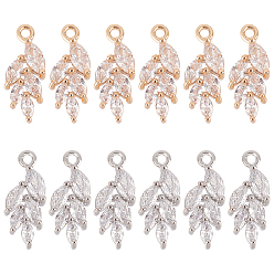 (52) Непрозрачная лаванда 12 шт. 2 цвета латунные подвески из прозрачного кубического циркония с микропаве, очарование листа, разноцветные, 17x6x3 мм, отверстие : 1.2 мм, 6 шт / цвет