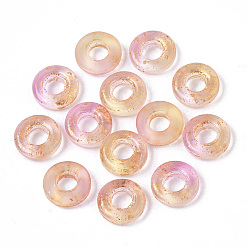 Персиковый Слойка Прозрачные стеклянные бусины, окрашенные распылением, бусины с большим отверстием, с золотой фольгой, пончик, розовые, 11x3 мм, отверстие : 4 мм
