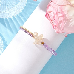 Фиолетовый Граненый биконусный стеклянный с круглыми стеклянными бусинами плетеные браслеты из бисера, с натуральным цитрином и латунными круглыми бусинами, фиолетовые, внутренний диаметр: 2-1/4~3-3/4 дюйм (5.55~9.5 см)