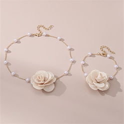 Античный Белый Ожерелья и браслеты с подвесками из розовой ткани и пластикового жемчуга, сплав ювелирных изделий, золотые, старинный белый, 360 мм