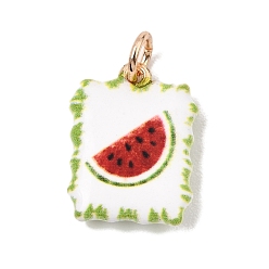 Green Brass Pendants, Rectangle with Watermelon Charms, Golden, Green, 19x14x3.5mm, Hole: 3.5mm