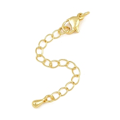 Golden Brass Curb Chain Extender, End Chains with Lobster Claw Clasps and Teardrop Charms, Rack Plating, Lead Free & Cadmium Free, Long-Lasting Plated, Golden, 69mm, Teardrop: 6x3mm
