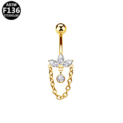 Цветок Изогнутая штанга для пирсинга пупка из титанового сплава с прозрачными кубическими циркониями и цепочками., золотые, цветок, 8 мм, штифты : 1.6 мм