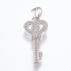 Platinum Brass Micro Pave Cubic Zirconia Pendants, Heart Key, Platinum, 25x11x2.5mm, Hole: 3.5x5mm