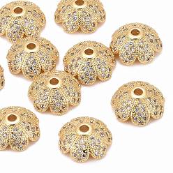 Золотой Экологически чистые многолепестковые цветочные латунные бусины с микропаве из фианита, без свинца и без никеля , золотые, 11x4.8 мм, отверстие : 1 мм