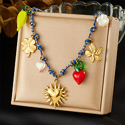 Сердце 304 Женские ожерелья из хлопкового шнура с подвеской в виде цветка клевера из нержавеющей стали и пластика, красные, золотые, сердце, 16.02 дюйм (40.7 см)