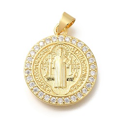 Настоящее золото 18K Покрытие стойки латунь с подвесками из фианита, долговечный, без свинца и без кадмия, религиозные узоры амулеты, реальный 18 k позолоченный, 22x18.5x2 мм, отверстие : 4x3.5 мм