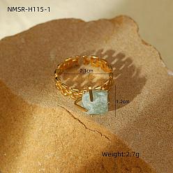 Green Aventurine 304 Stainless Steel Cuff Open Rings, Nuggets, Golden, 21mm