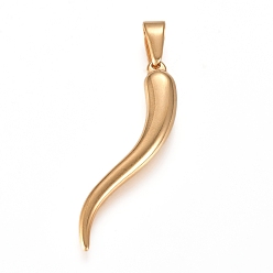 Настоящее золото 18K 304 подвески из нержавеющей стали, итальянский рог, ионное покрытие (ip), реальный 18 k позолоченный, 43x9x5.5 мм, отверстие : 9x4 мм